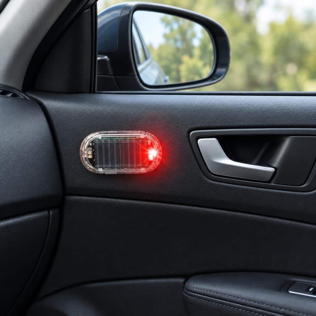 A small oval solar-powered warning light with a red flashing LED, mounted on a black car door panel by the interior handle.