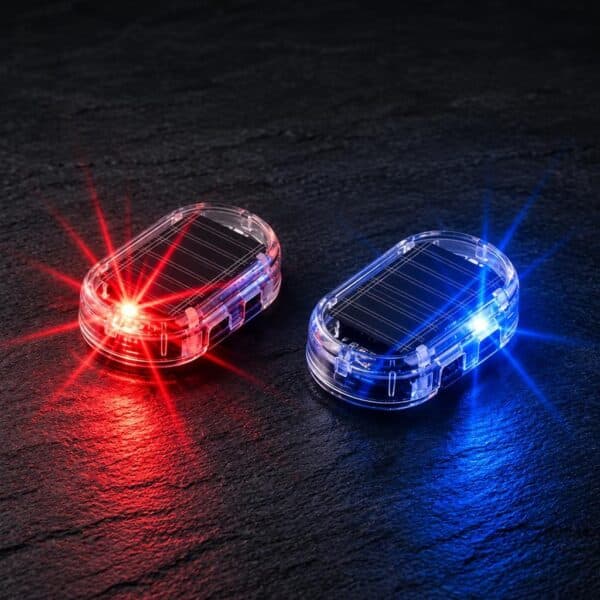 Two small oval solar-powered lights on dark slate, one flashing red and one flashing blue, with a transparent housing and sol